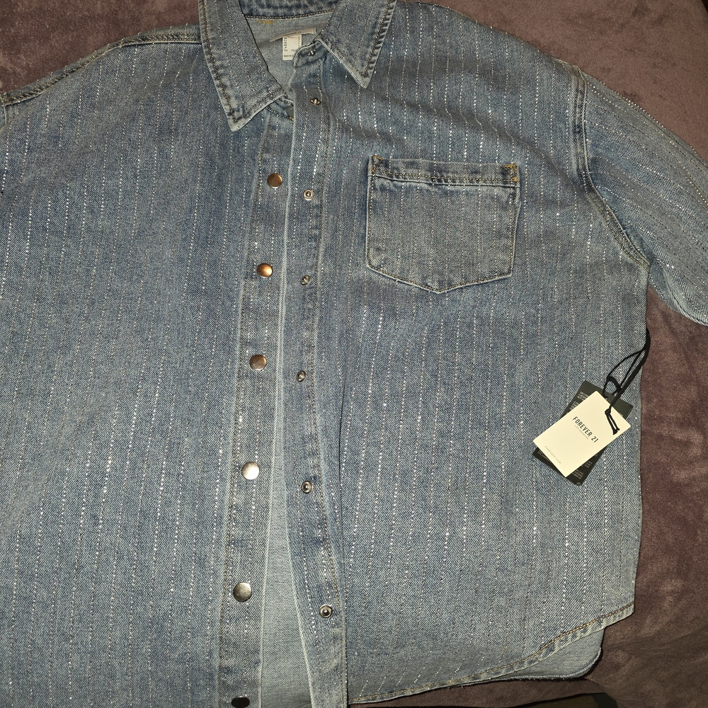 Forever 21 Blue Denim Shacket with Silver Buttons